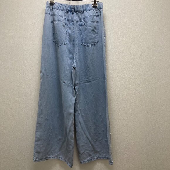 Light Blue Pearl Embellished Wide Leg High Rise Chunky L Women's Jeans - Picture 2 of 9